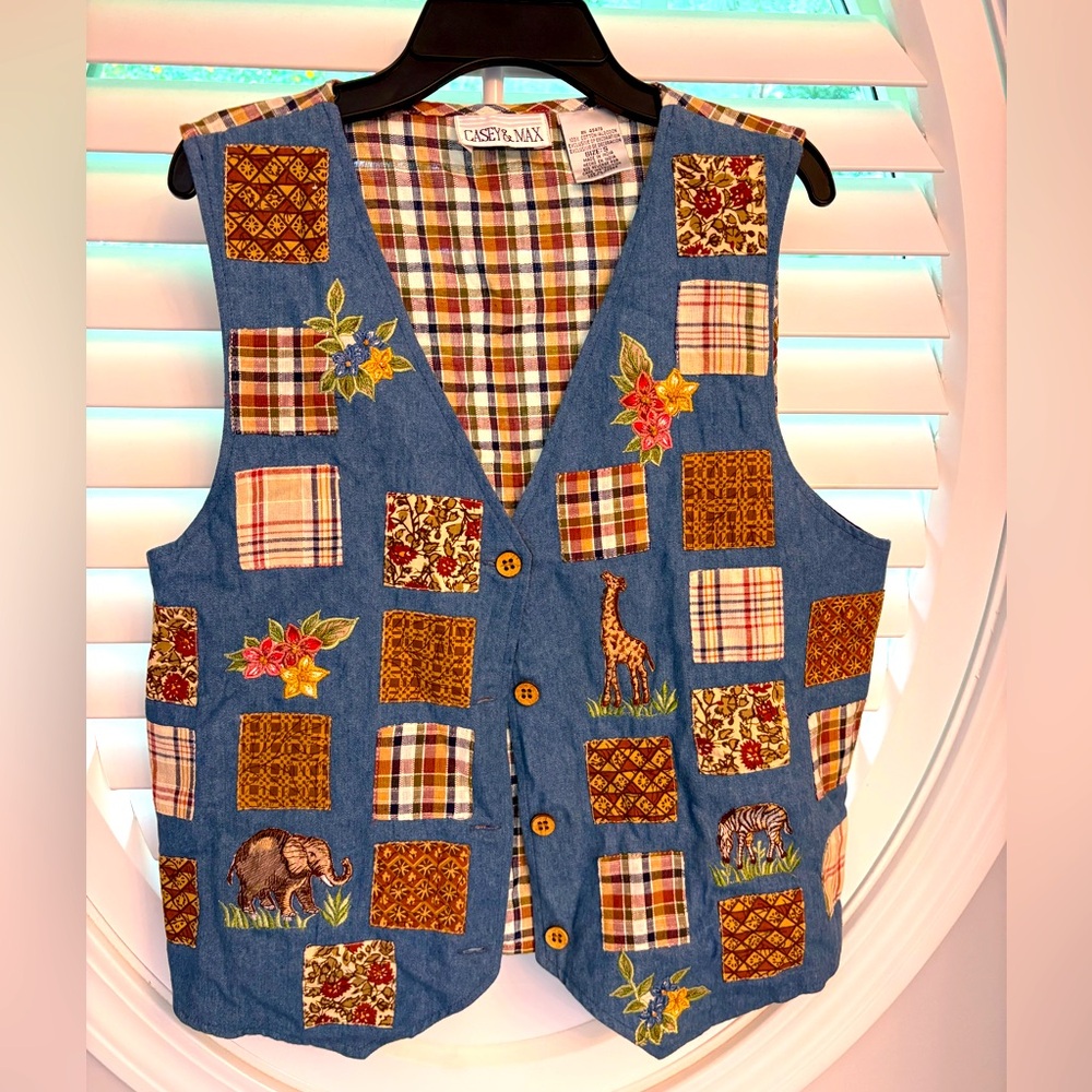 Vintage Casey & Max plaid‎ patchwork embroidered sz small vest
